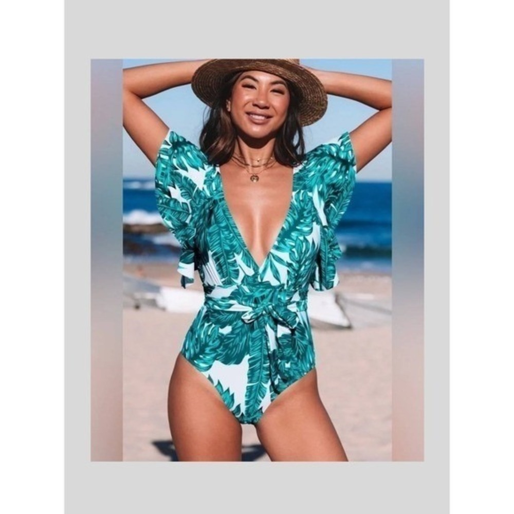 One Piece Swimsuit L | Tropical Flutter Sleeve Plunge | Belted Cabana Resortwear